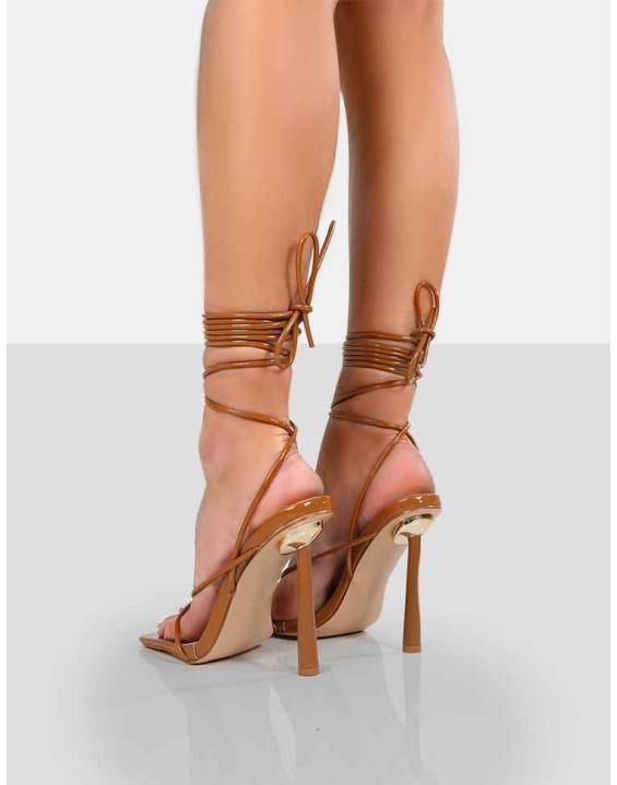 Lacey Caramel Square Toe Strappy Lace Up Stiletto Heels