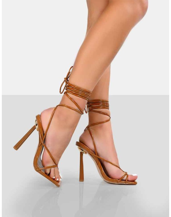 Lacey Caramel Square Toe Strappy Lace Up Stiletto Heels