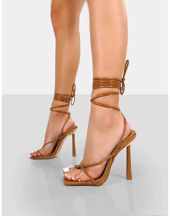 Lacey Caramel Square Toe Strappy Lace Up Stiletto Heels