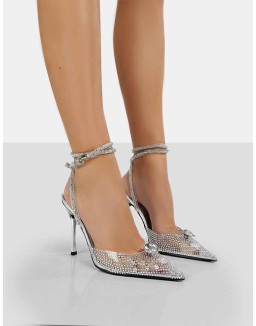 Glisten Silver Metallic Clear Perspex Diamante Wrap Around Pointed Toe Court Heels