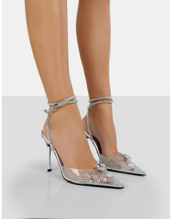 Glisten Silver Metallic Clear Perspex Diamante Wrap Around Pointed Toe Court Heels