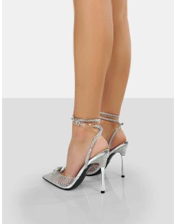 Glisten Silver Metallic Clear Perspex Diamante Wrap Around Pointed Toe Court Heels