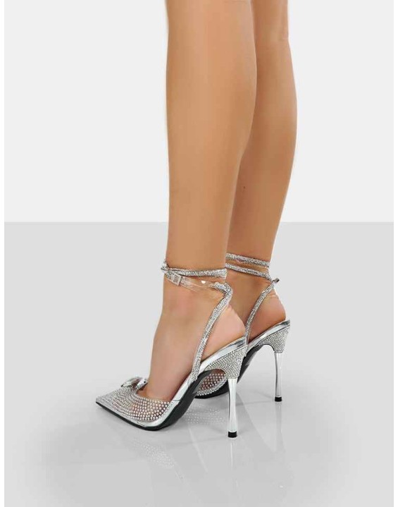 Glisten Silver Metallic Clear Perspex Diamante Wrap Around Pointed Toe Court Heels