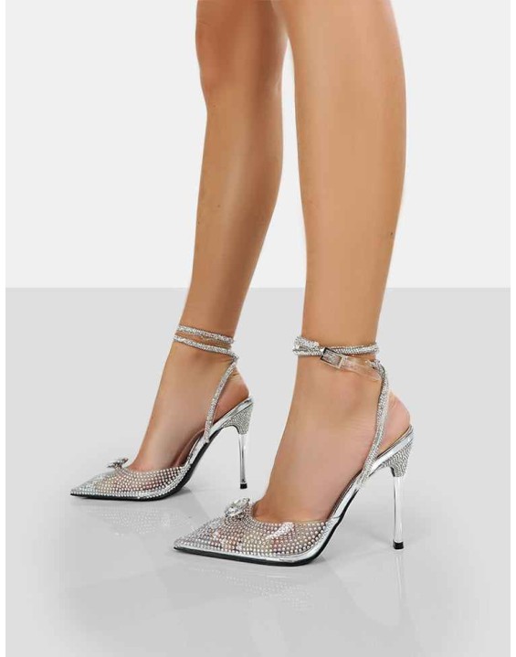 Glisten Silver Metallic Clear Perspex Diamante Wrap Around Pointed Toe Court Heels