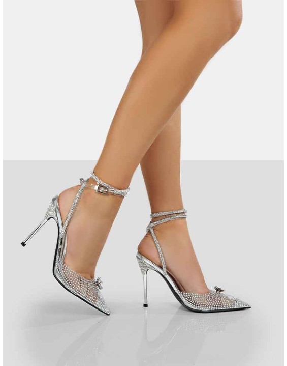 Glisten Silver Metallic Clear Perspex Diamante Wrap Around Pointed Toe Court Heels