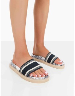 Toile Navy Embroidered Print Slide Sandals