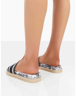 Toile Navy Embroidered Print Slide Sandals