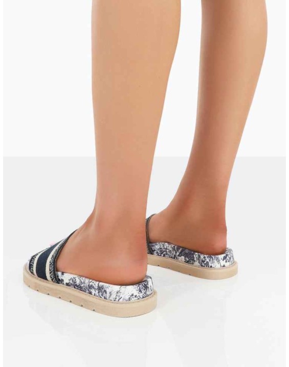 Toile Navy Embroidered Print Slide Sandals