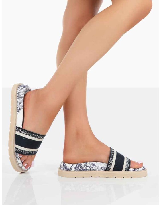 Toile Navy Embroidered Print Slide Sandals