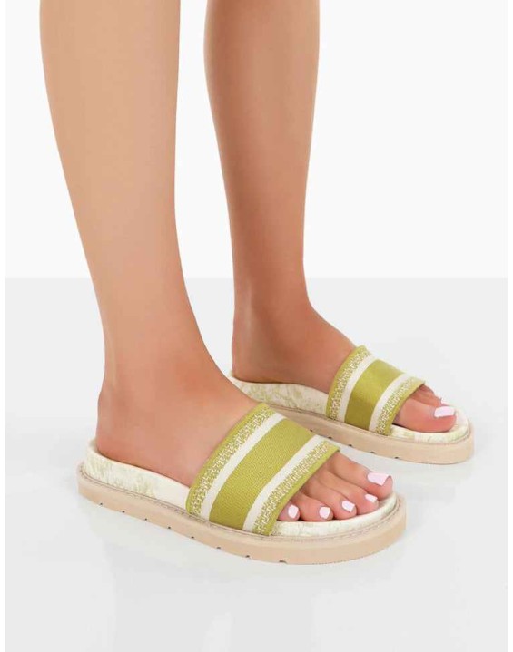 Toile Sage Green Embroidered Print Slide Sandals