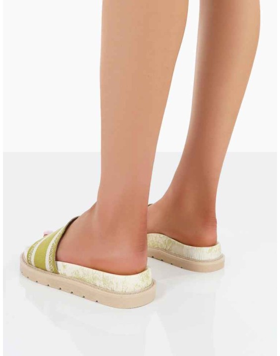 Toile Sage Green Embroidered Print Slide Sandals