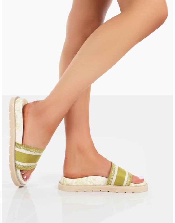 Toile Sage Green Embroidered Print Slide Sandals