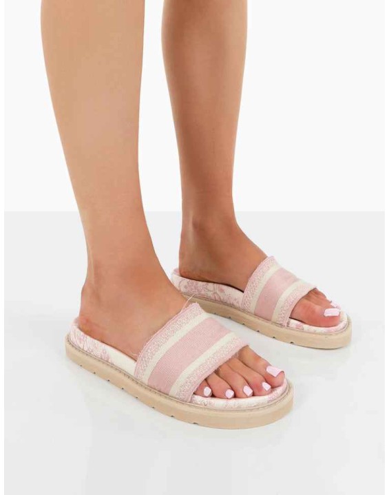 Toile Baby Pink Embroidered Print Slide Sandals