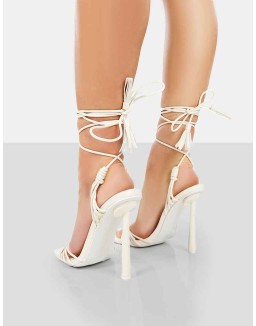 Twistin Ecru Pu Square Toe Strappy Lace Up Stiletto Heels