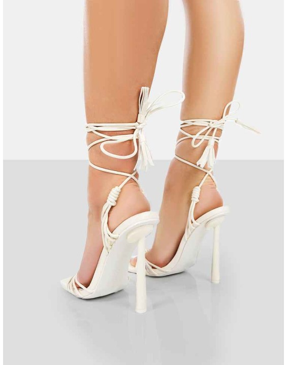 Twistin Ecru Pu Square Toe Strappy Lace Up Stiletto Heels