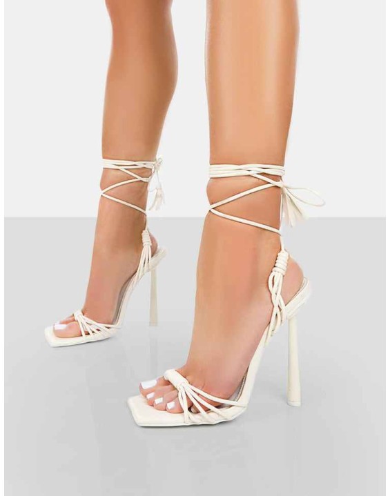 Twistin Ecru Pu Square Toe Strappy Lace Up Stiletto Heels