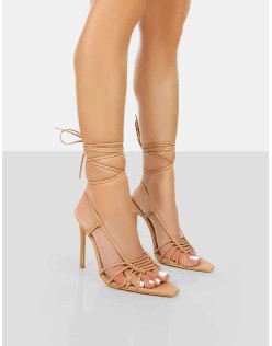 Valencia Nude Pu Strappy Lace Up Pointed Toe Stiletto Heels