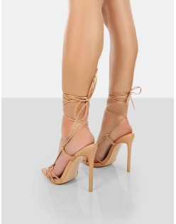 Valencia Nude Pu Strappy Lace Up Pointed Toe Stiletto Heels