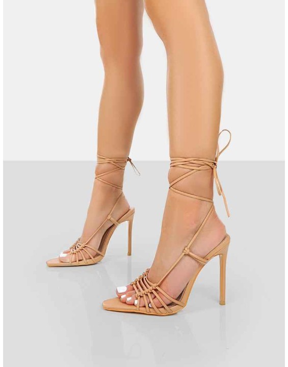 Valencia Nude Pu Strappy Lace Up Pointed Toe Stiletto Heels