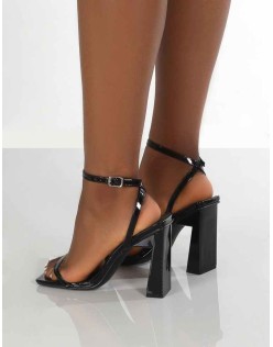 Charlotte Wide Fit Black Patent Square Toe Strappy Block Heels