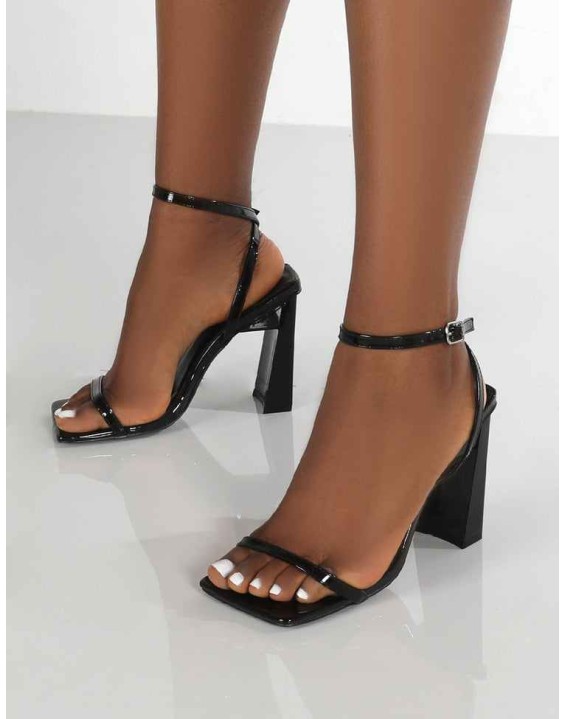 Charlotte Wide Fit Black Patent Square Toe Strappy Block Heels
