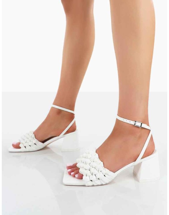 Got This White Pu Woven Square Toe Block Mid Heeled Mule Sandals