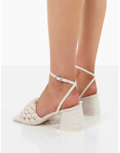 Got This Natural Linen Woven Square Toe Block Mid Heeled Mule Sandals