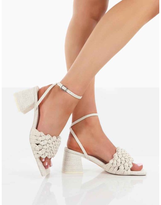 Got This Natural Linen Woven Square Toe Block Mid Heeled Mule Sandals