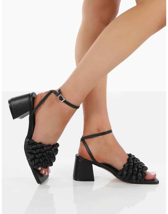 Got This Black Pu Woven Square Toe Block Mid Heeled Mule Sandals