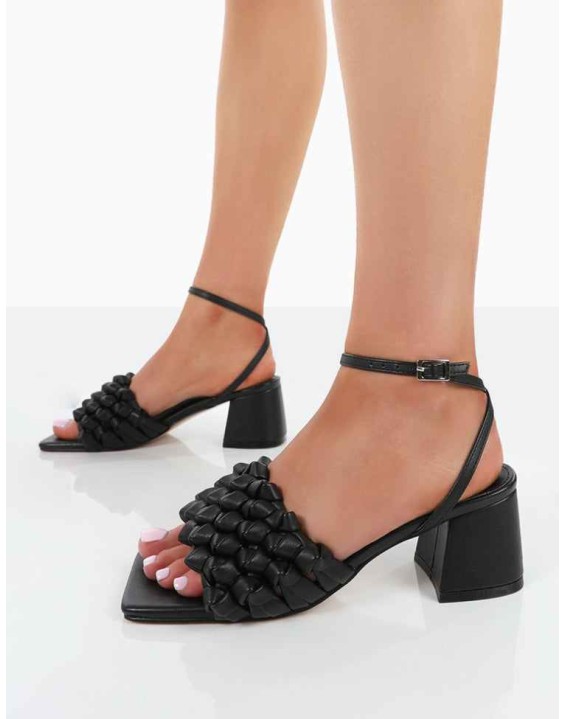 Got This Black Pu Woven Square Toe Block Mid Heeled Mule Sandals