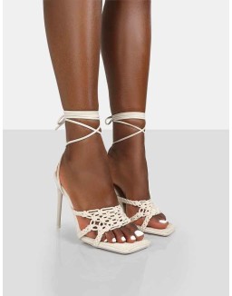 Seabreeze Ecru Rope Woven Lace Up Square Toe Heels
