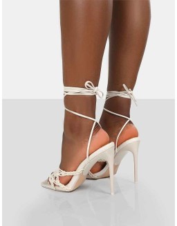 Seabreeze Ecru Rope Woven Lace Up Square Toe Heels