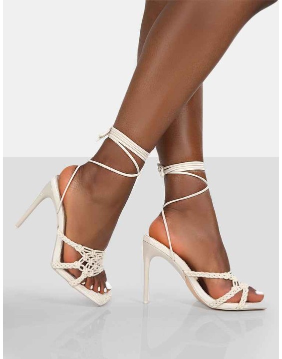 Seabreeze Ecru Rope Woven Lace Up Square Toe Heels