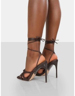 Seabreeze Chocolate Rope Woven Lace Up Square Toe Heels