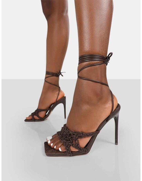 Seabreeze Chocolate Rope Woven Lace Up Square Toe Heels