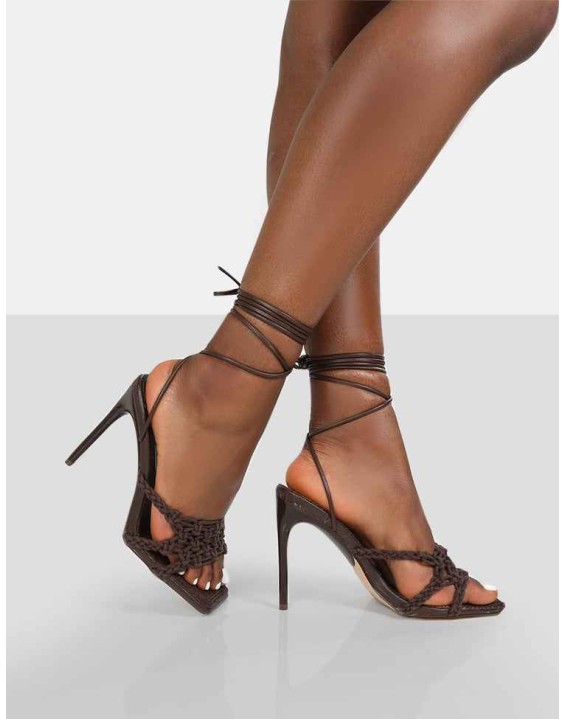 Seabreeze Chocolate Rope Woven Lace Up Square Toe Heels