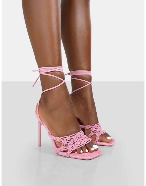 Seabreeze Pink Rope Woven Lace Up Square Toe Heels