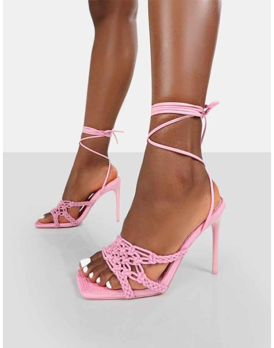 Seabreeze Pink Rope Woven Lace Up Square Toe Heels