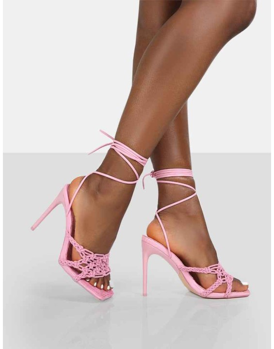Seabreeze Pink Rope Woven Lace Up Square Toe Heels