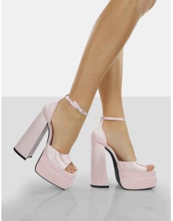 Mercy Baby Pink Satin Strappy Square Toe Platform High Block Heels
