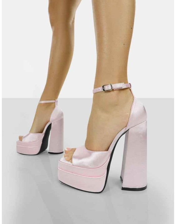 Mercy Baby Pink Satin Strappy Square Toe Platform High Block Heels
