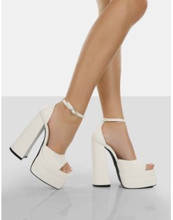 Mercy Ecru Pu Strappy Square Toe Platform High Block Heels