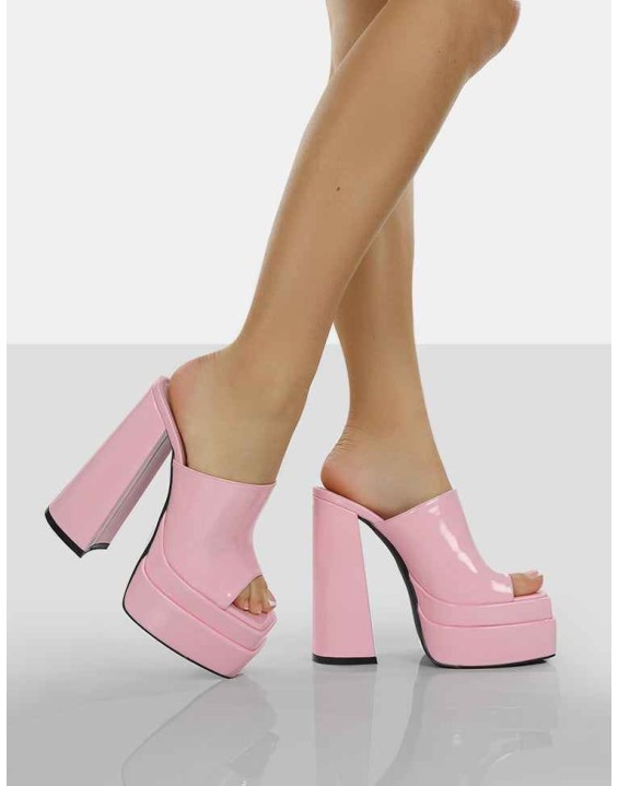 Sky High Bubblegum Pink Patent Chunky Platform High Heeled Mules