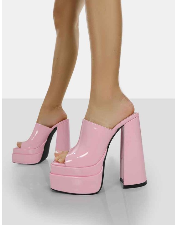 Sky High Bubblegum Pink Patent Chunky Platform High Heeled Mules