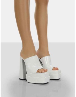 Sky High White Croc Chunky Platform High Heeled Mules