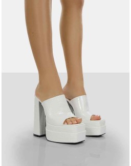 Sky High White Croc Chunky Platform High Heeled Mules
