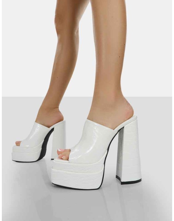 Sky High White Croc Chunky Platform High Heeled Mules