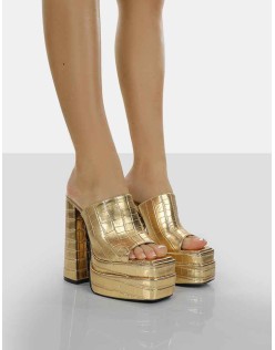 Sky High Gold Croc Chunky Platform High Heeled Mules