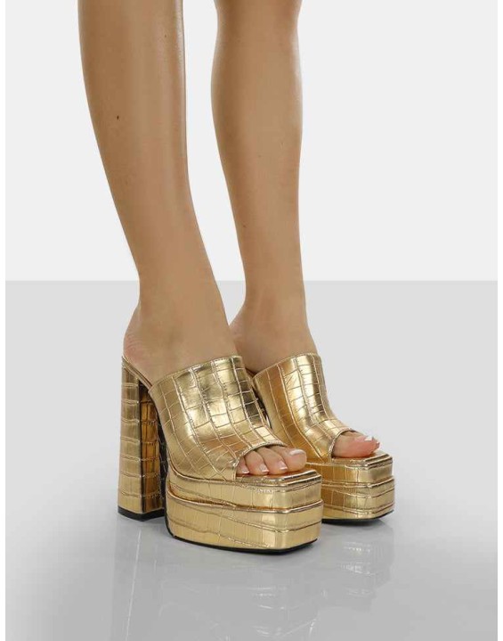 Sky High Gold Croc Chunky Platform High Heeled Mules
