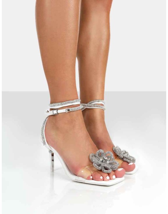 Olympia White Pu Strappy Square Toe Stiletto Heels